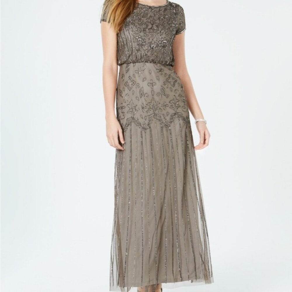 Adrianna Papell Short Sleeve Grey Beaded Blouson Gown